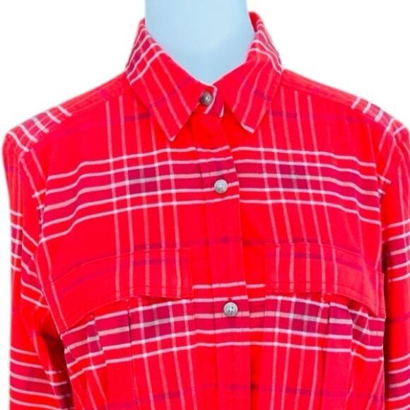 LL Bean cotton blend button front plaid tab sleeve shirt size M. - Picture 2 of 9